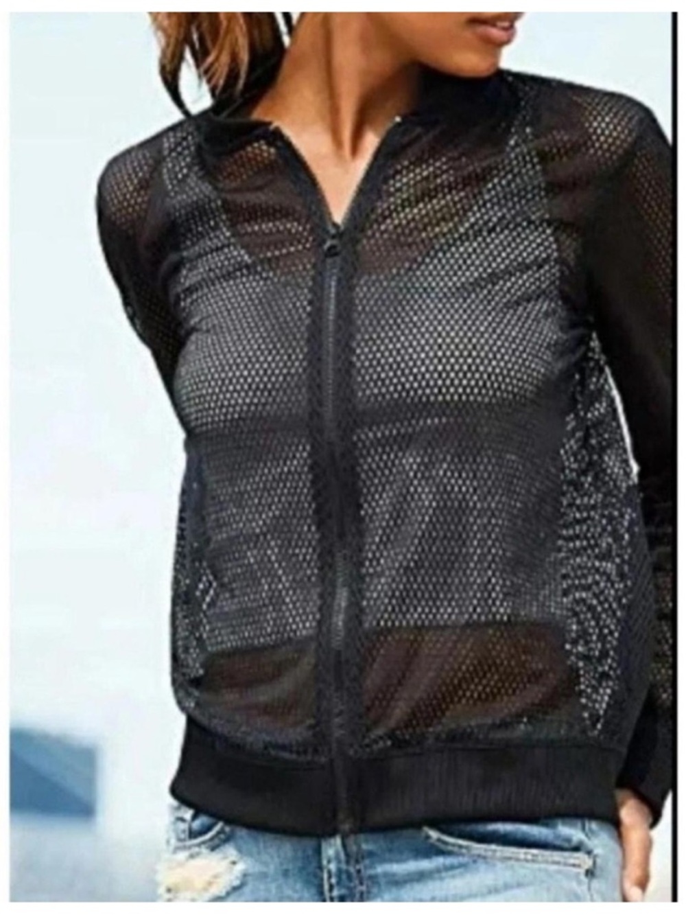 Victoria’s Secret Sport VS Angel Supermodel Black Mesh Sheer Bomber Jacket M